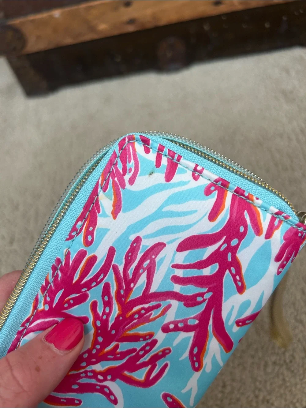 Lilly Pulitzer Teal & Hot Pink Coral Wristlet Phone Case with Gold Accents